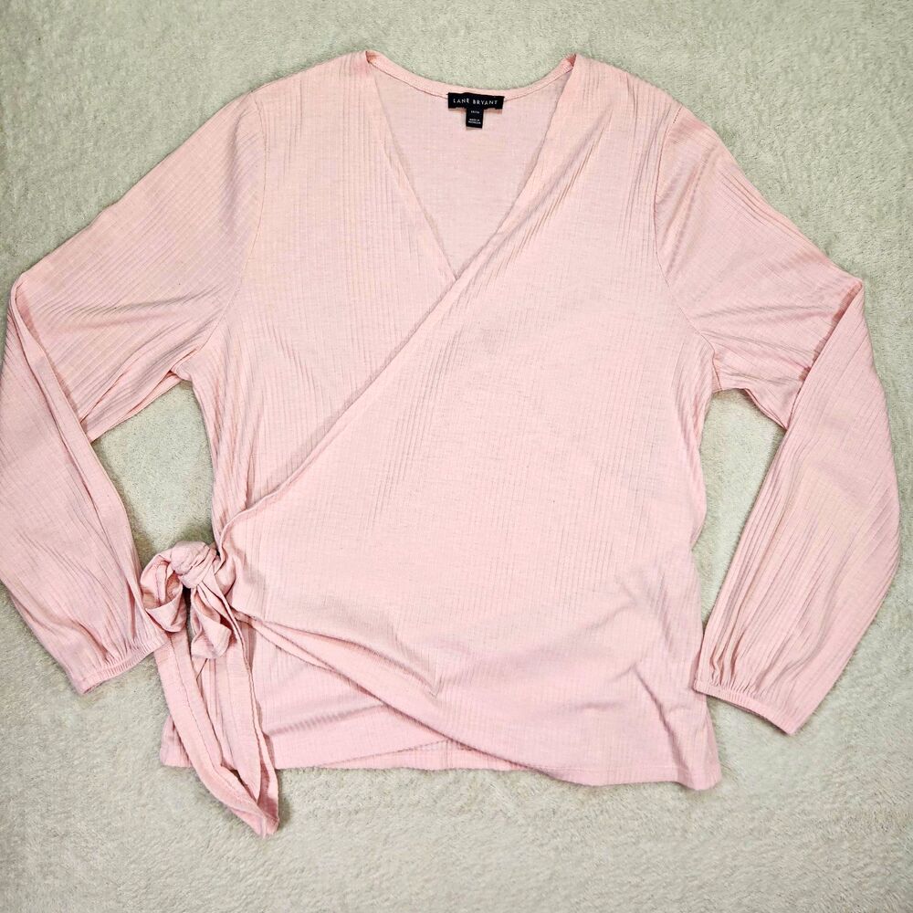 Lane Bryant Women's 14/16W Pink Ribbed Knit Wrap Blouse V-Neck Long Sleeve Tie